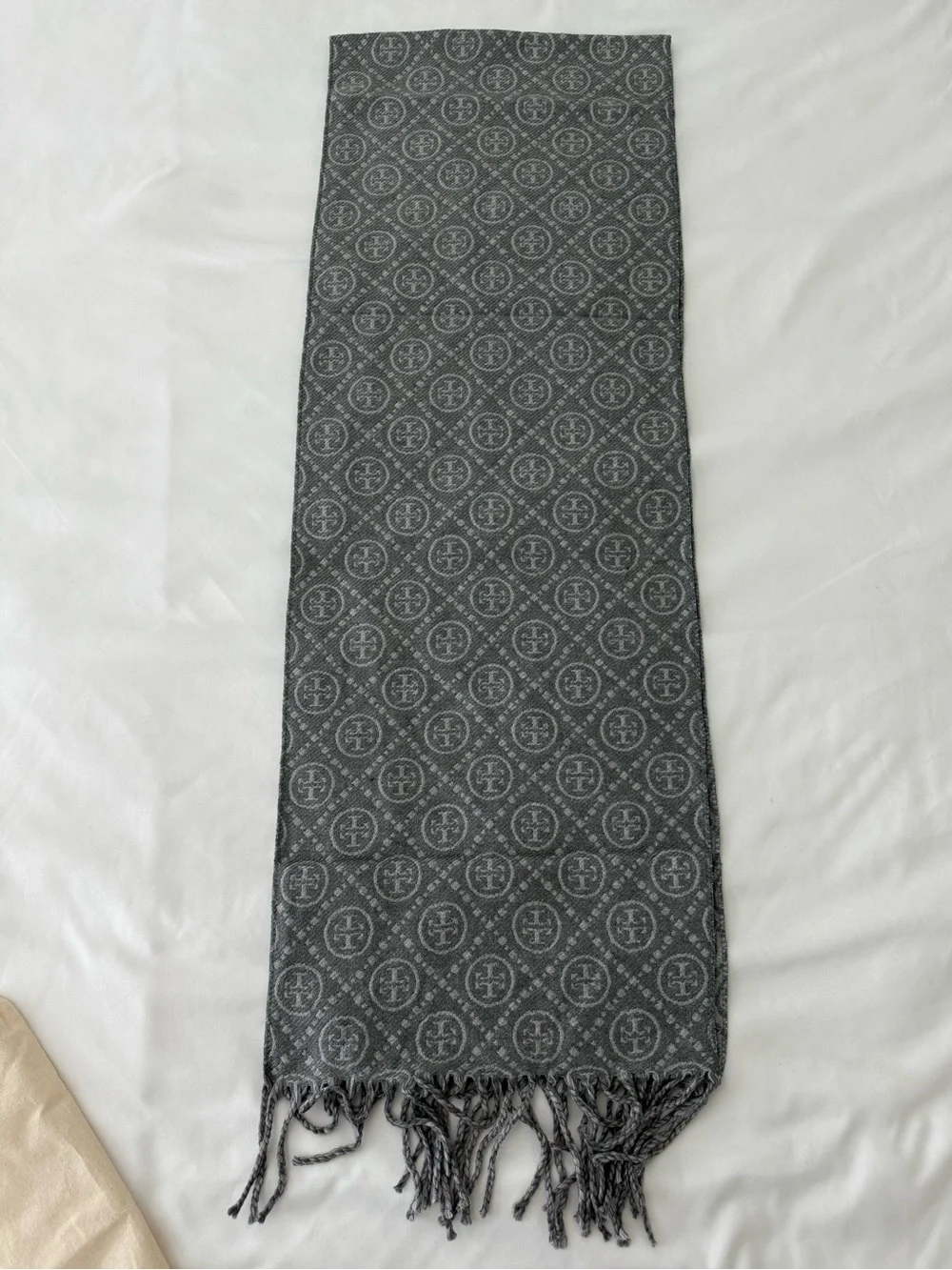 Tory Burch Gray Monogram Scarf with Fringe